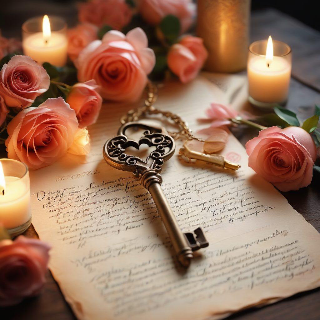 An elegant vintage key symbolizing secrets, surrounded by classic love letters and roses, glowing softly in warm candlelight, evoking a sense of timeless romance. Ethereal wisps of light swirl around the objects, hinting at connections and passion. super-realistic. warm colors. soft focus.