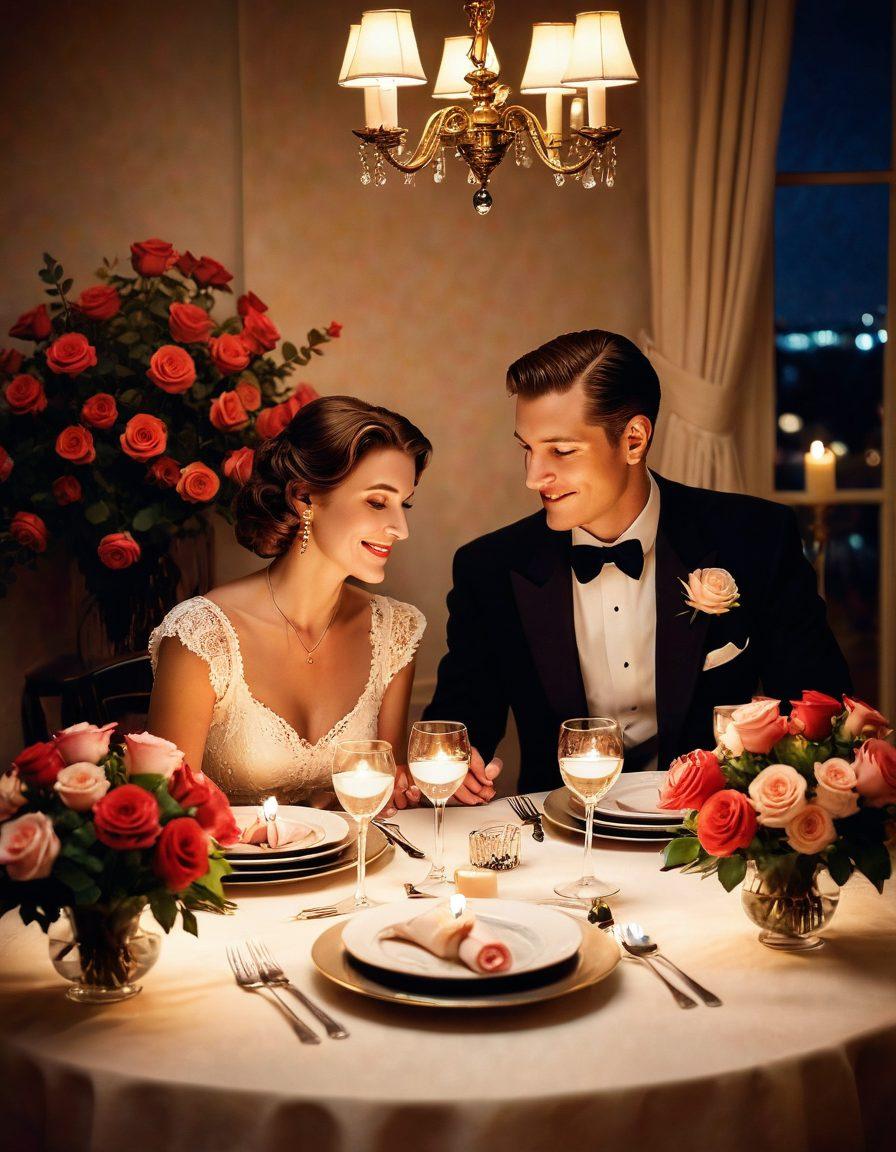 An elegant couple engaging in a romantic candlelit dinner, adorned with vintage decor, surrounded by blooming roses and soft ambient lighting. The table is set with classic tableware and a small vinyl record player in the background playing nostalgic tunes. The scene should evoke warmth, intimacy, and a sense of timeless romance. soft focus. vibrant colors. vintage style.
